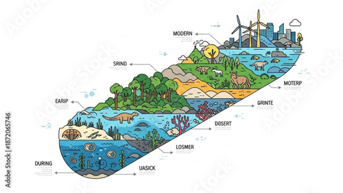A colorful illustration depicting the evolution of earth's ecosystems from ancient aquatic life to modern landscapes with diverse flora