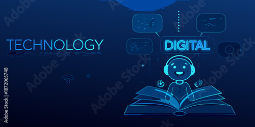 Technology and digital learning concept with a student reading a book