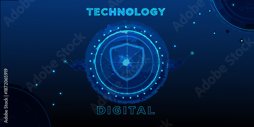 Digital security concept with glowing shield and technology network illustration