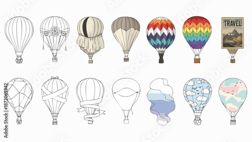 Collection of Hot Air Balloons Featuring Diverse Designs, Artistic Illustrations, and Travel-Themed Elements for Creative Projects