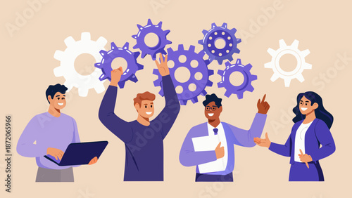 Teamwork and innovation people connecting gears and building solutions together
