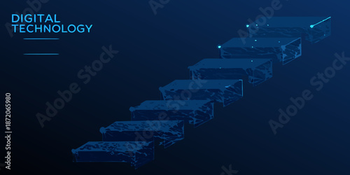 Digital technology concept showing progress with a staircase of glowing cubes