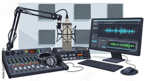A professional recording studio setup with a microphone mixing console headphones and computer screen displaying audio waveforms with voice over