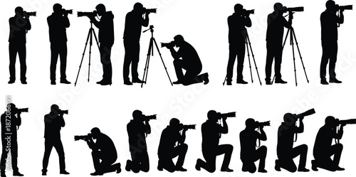 Set of Silhouettes Featuring Professional Photographers in Various Poses Using Tripods and Telephoto Lenses for Media Journalism and Paparazzi Concepts