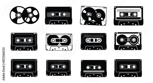 A collection of vintage audio cassettes in a black and white style