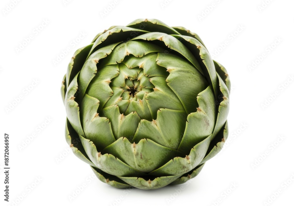 Fototapeta premium Whole green vegetable with layered petals displays a tight spiral pattern centered against a clean white background.