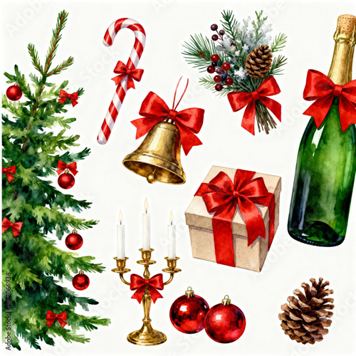 Festive Holiday Elements: A collection of delightful Christmas elements, from a decorated Christmas tree to a tempting candy cane, ready to infuse your holiday design with joy and warmth.