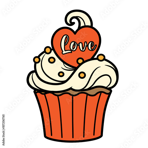 Cupcake decorated with cream and a large heart with the inscription Love isolated on a white background