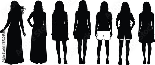 PrinDiverse collection of young fashion women silhouettes in various poses wearing dresses and casual outfits isolated on a white background