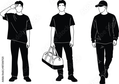 Set of three young male traveler silhouettes wearing casual black clothing and carrying travel gear isolated on a plain white background