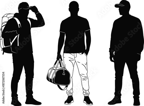 Black and white silhouettes of three young male travelers standing with backpacks and duffel bags isolated on a plain white background