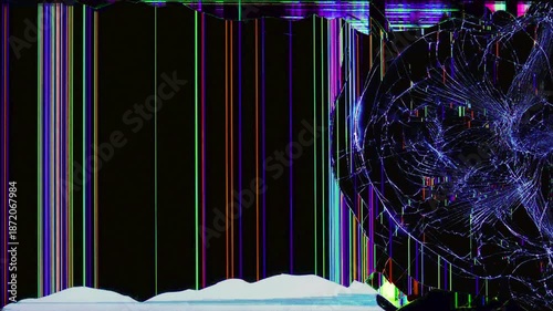 Animation of an TV LCD Screen glass or electronic device being cracked and glitching out. Screen of a broken TV. Background of a cracked monitor display.