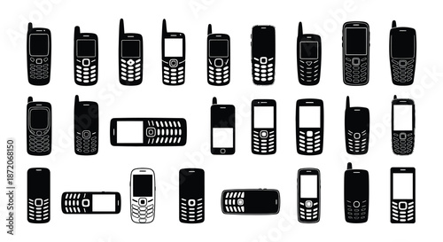 An assortment of vintage cellular phones displayed in a neat black and white arrangement