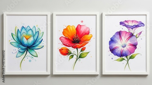 A stunning triptych wall art display features watercolor paintings of a blue lotus a red poppy and a purple morning glory in white frames