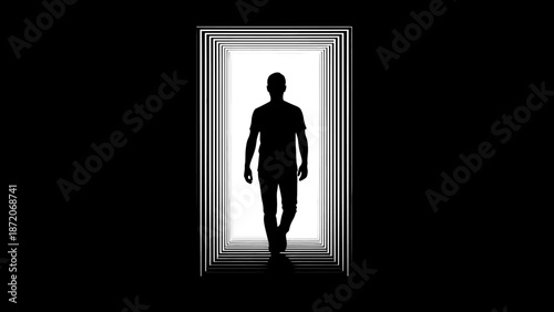 Silhouette of a person confidently walking towards a bright light through an abstract doorway, representing new opportunities and future path, dark background
