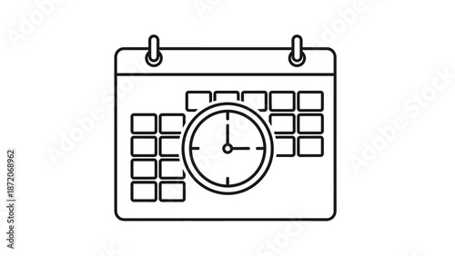 Vector illustration of a black and white calendar on a clipboard featuring a business schedule icon for a specific month and year date reminder
