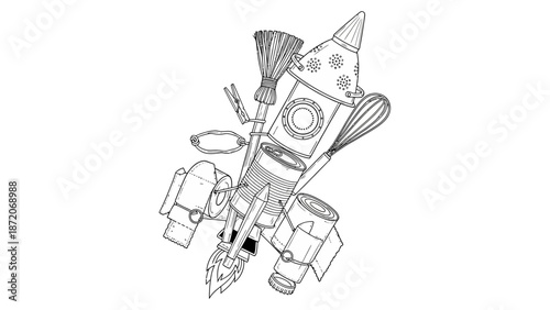 Vector illustration of an electric guitar with wings and an old rocket flying amid falling dollar bills and cash banknotes to represent a successful finance and wealth investment concept