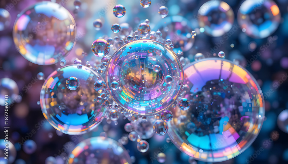 Fototapeta premium Vibrant iridescent bubbles floating in mid-air with colorful reflections