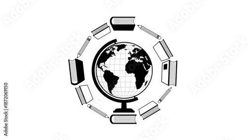 Globe surrounded by books and pencils symbolizing global education and knowledge, isolated white background.