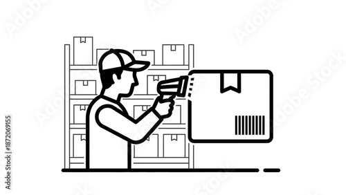 Warehouse worker scanning a package with a barcode scanner, inventory management and logistics concept in bright studio.