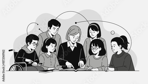 Diverse group of students including a student in a wheelchair and a teacher learning together in an inclusive classroom setting in bright studio.