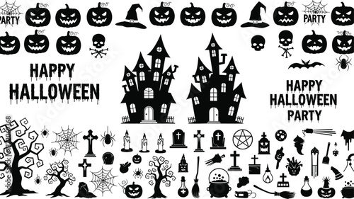 Halloween silhouette set with haunted house pumpkins spooky trees skulls and graveyard icons cad drawing flat vector illustration design elements