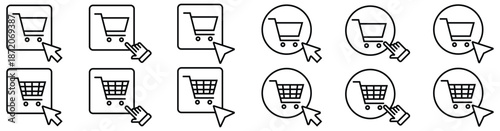 Online Shopping Cart with Cursor Icon Set, Editable Stroke
