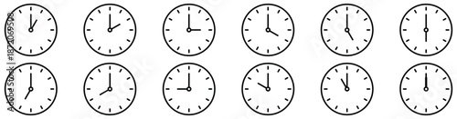 Analog clock time icons set showing all hours, horizontal layout, isolated on white background