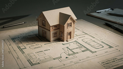 Miniature house model placed on architectural blueprint, representing home planning, construction design, real estate development and residential project concepts.