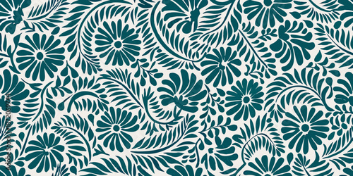 Intricate floral pattern with white background and deep teal botanical shapes