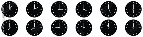 Horizontal analog clock icon set displaying every hour, isolated on white, vector illustration
