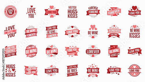 Expressive collection of beautifully designed vector badges and decorative banners, conveying heartfelt messages of love and affection through charming typography and romantic heart motifs