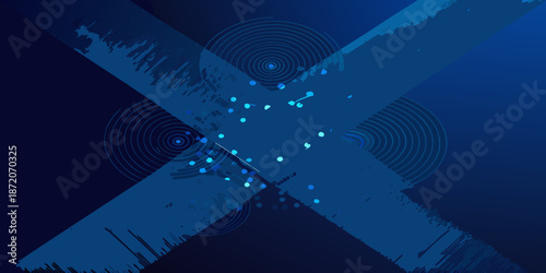 Abstract blue background with intersecting lines circles and scattered particles