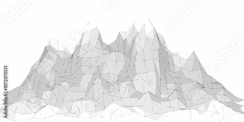 A low poly mountain range rendered as a wireframe design in grayscale