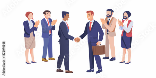 Business professionals shaking hands with colleagues applauding in a modern office setting