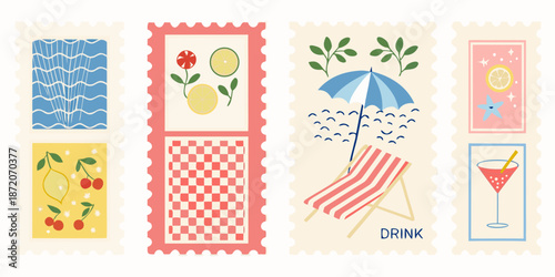 A collection of vintage style summer themed postage stamps with various icons