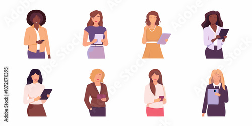 Diverse group of women in business attire holding devices and folders