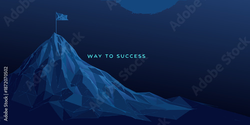 A polygonal mountain peak with a flag and way to success text