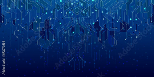 Abstract blue background with a complex network of circuit board lines and dots