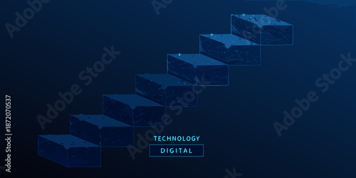 Abstract polygonal staircase with digital technology concept in a dark blue gradient