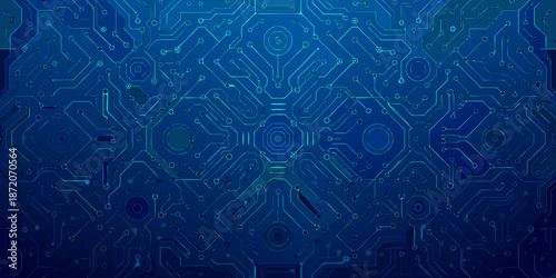 Abstract blue circuit board pattern with hexagonal and circular elements