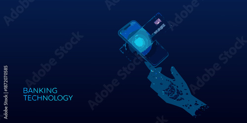 Digital payment security smartphone card and hand in abstract blue design