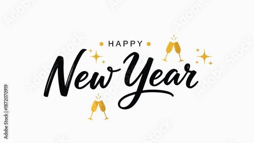 Golden happy new year with champagne glasses and sparkles, celebratory greeting for the festive season and end of the year