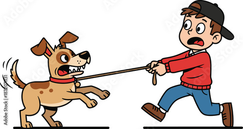 Frustrated Boy Struggling to Control His Powerful Dog on a Leash, Illustrating Common Pet Training Challenges, Dog Walking Difficulties, and Unruly Animal Behavior.