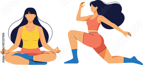 Two Women Exercising Vector Set: One Meditating in Lotus Pose and the Other Performing a Lunge, Representing Yoga, Fitness, Wellness, and Healthy Lifestyle.