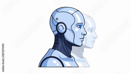 A pixel art illustration of a futuristic android's head, with a ghost-like duplicate behind it
