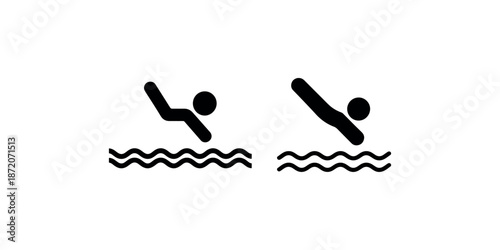 Diving athlete silhouette icons jumping into wavy water surface simple design