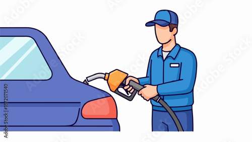 A person in a blue uniform and cap is fueling a blue car with a gas nozzle