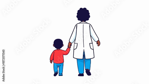 A person in a lab coat holds a child's hand, walking together