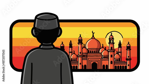 A person in a cap looks at a mosque with a sunset backdrop